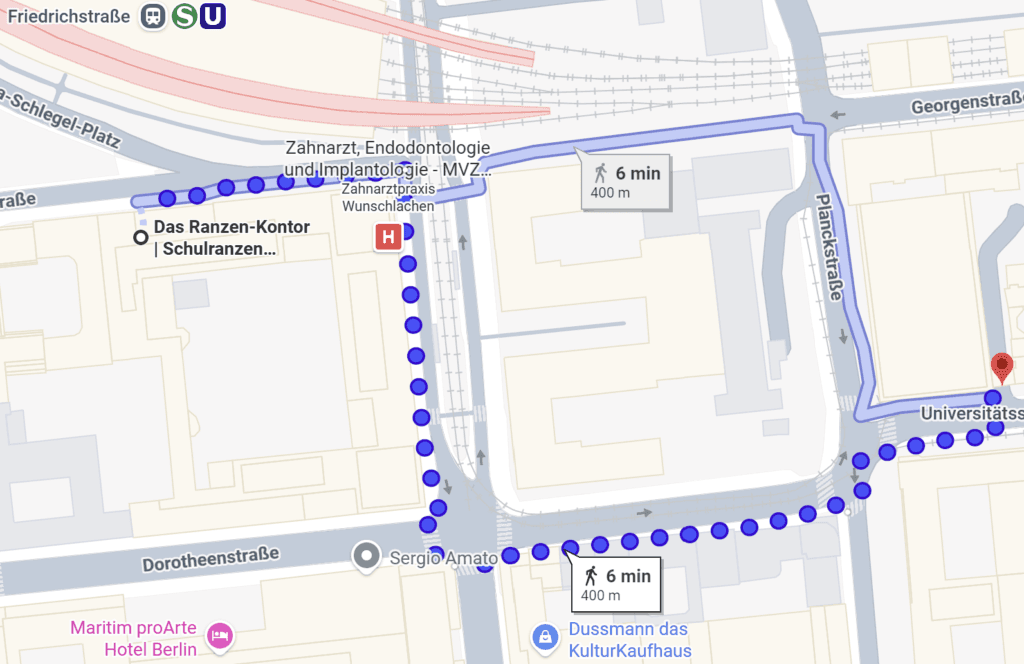Karte mit dem Fußweg vom günstigen Parkhaus in der Dorotheenstraße zum Ranzen-Kontor in der Georgenstraße